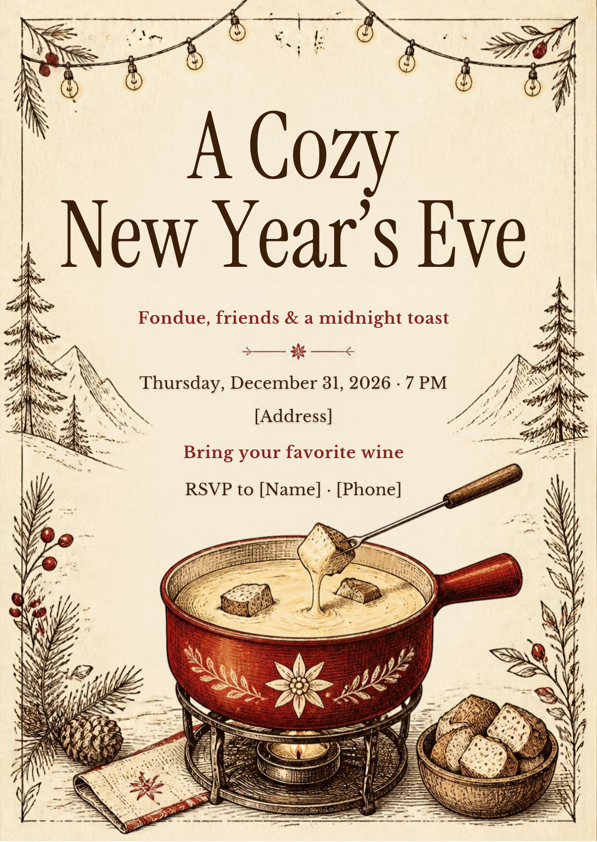 Cozy Fondue Night New Year's Eve Invitation – Editable Canva Template
