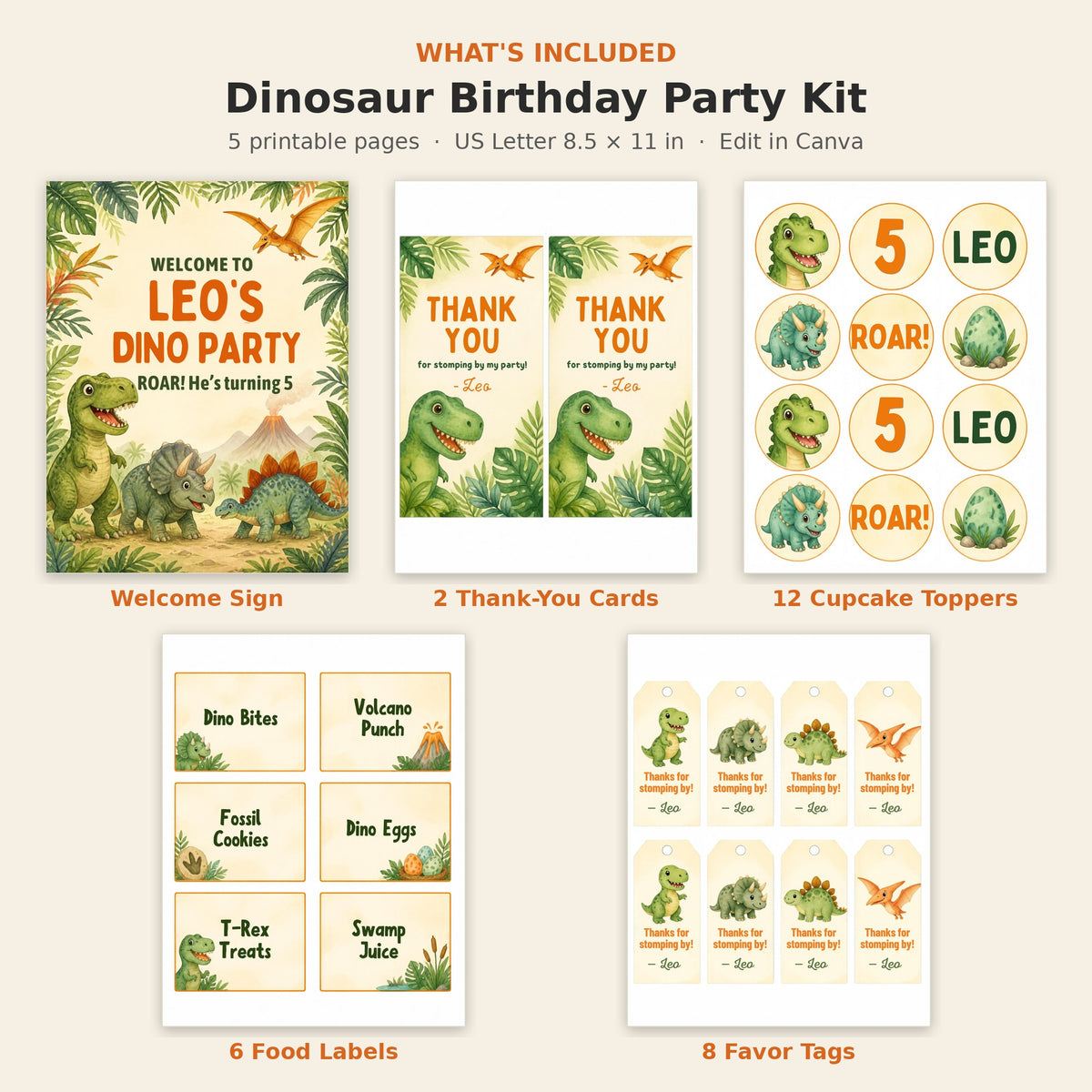 What's included in the dinosaur party kit – welcome sign, 2 thank-you cards, 12 cupcake toppers, 6 food labels, 8 favor tags