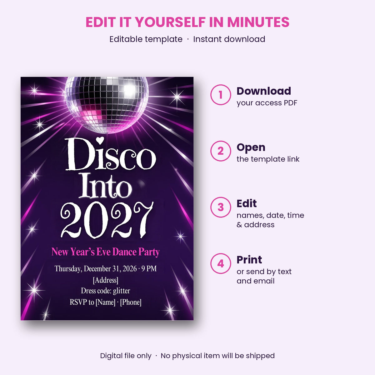 Disco Into 2027 New Year's Eve Dance Party Invitation – Editable Canva Template