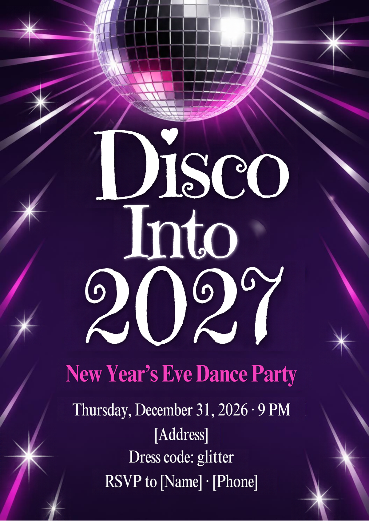 Disco Into 2027 New Year's Eve Dance Party Invitation – Editable Canva Template