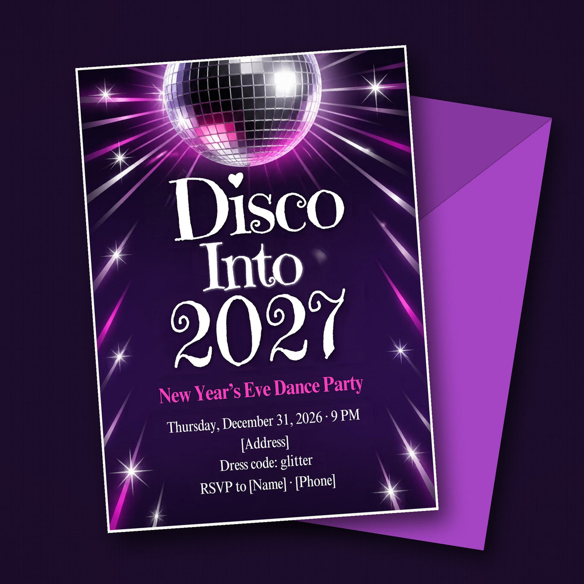 Disco Into 2027 New Year's Eve Dance Party Invitation – Editable Canva Template
