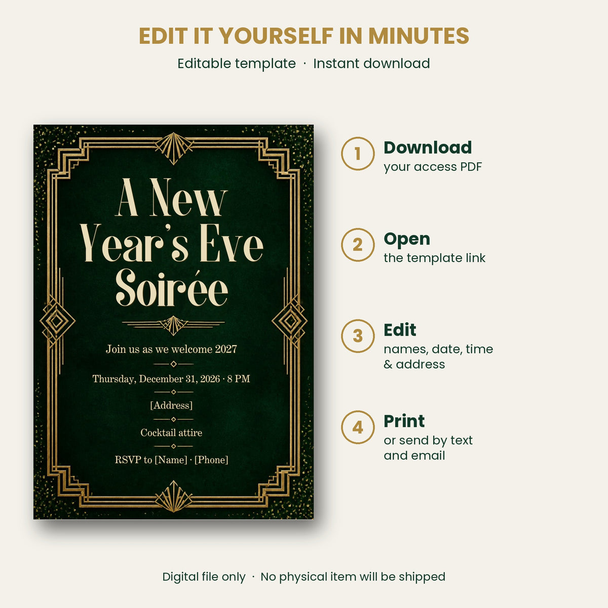 Emerald & Gold New Year's Eve Soirée Invitation – Editable Canva Template