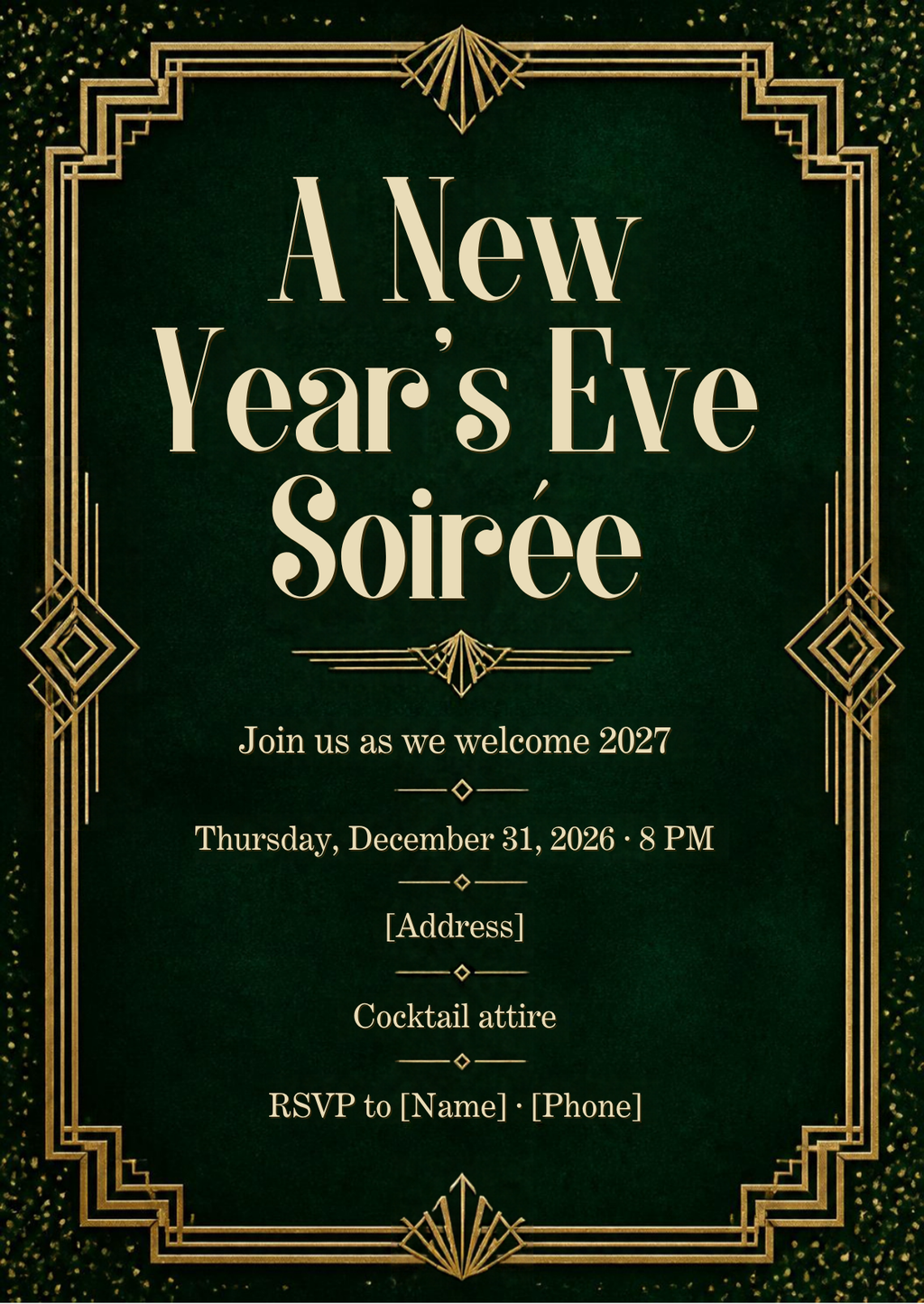 Emerald & Gold New Year's Eve Soirée Invitation – Editable Canva Template