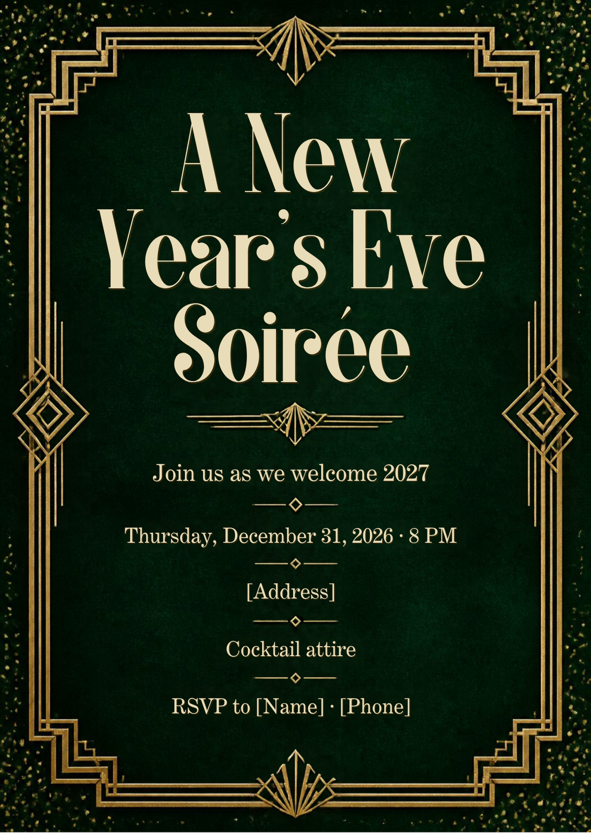 Emerald & Gold New Year's Eve Soirée Invitation – Editable Canva Template