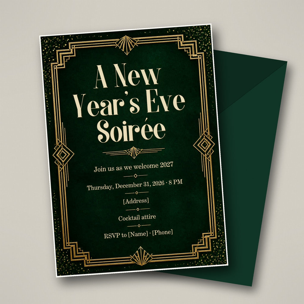 Emerald & Gold New Year's Eve Soirée Invitation – Editable Canva Template