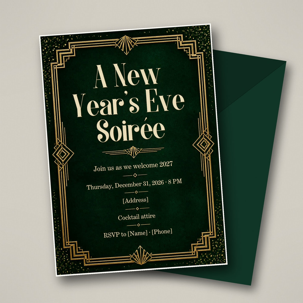 Emerald & Gold New Year's Eve Soirée Invitation – Editable Canva Template