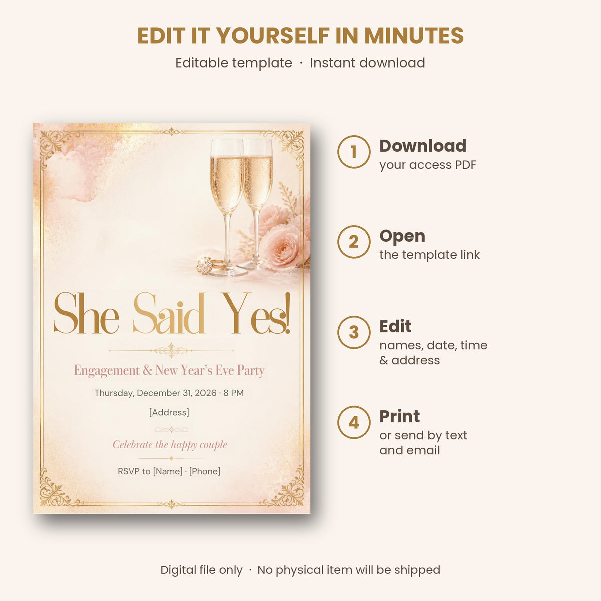She Said Yes Engagement & New Year's Eve Party Invitation – Editable Canva Template