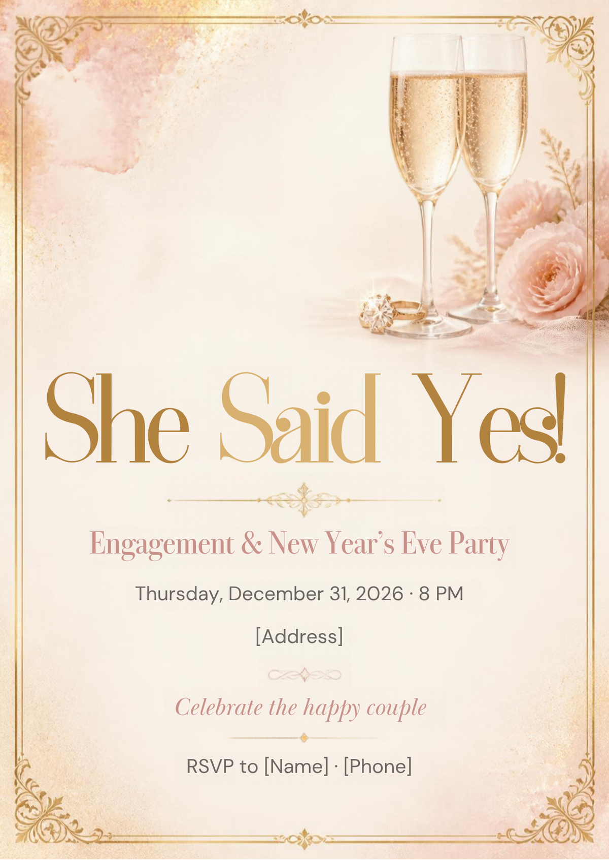 She Said Yes Engagement & New Year's Eve Party Invitation – Editable Canva Template