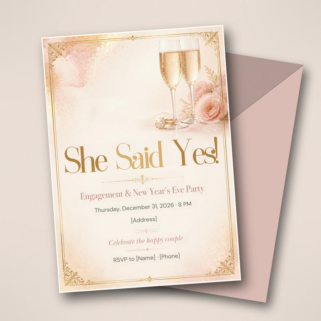 She Said Yes Engagement & New Year's Eve Party Invitation – Editable Canva Template