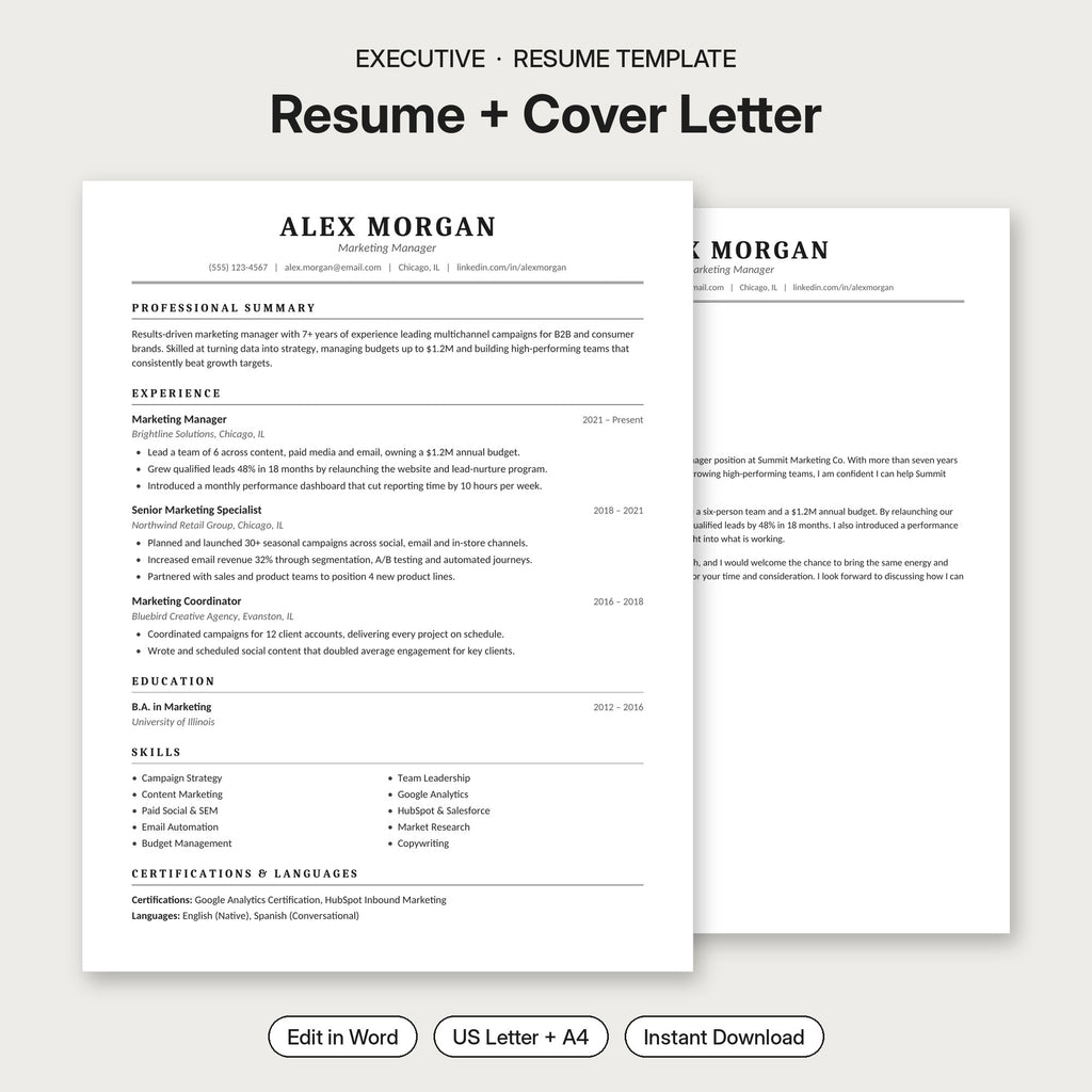 Executive resume template and cover letter – classic ATS-friendly editable Word resume, US Letter and A4