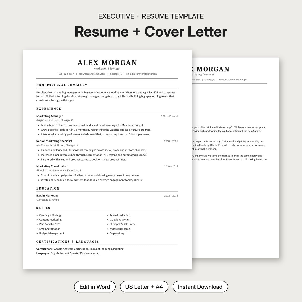 Executive resume template and cover letter – classic ATS-friendly editable Word resume, US Letter and A4
