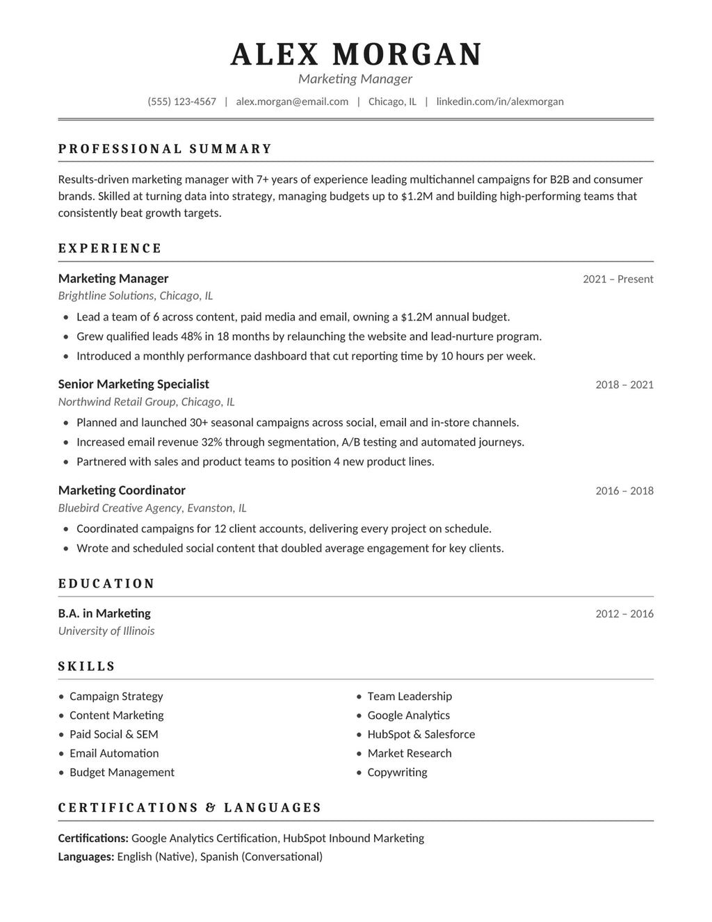 Executive one-page resume template with centered name and serif headings