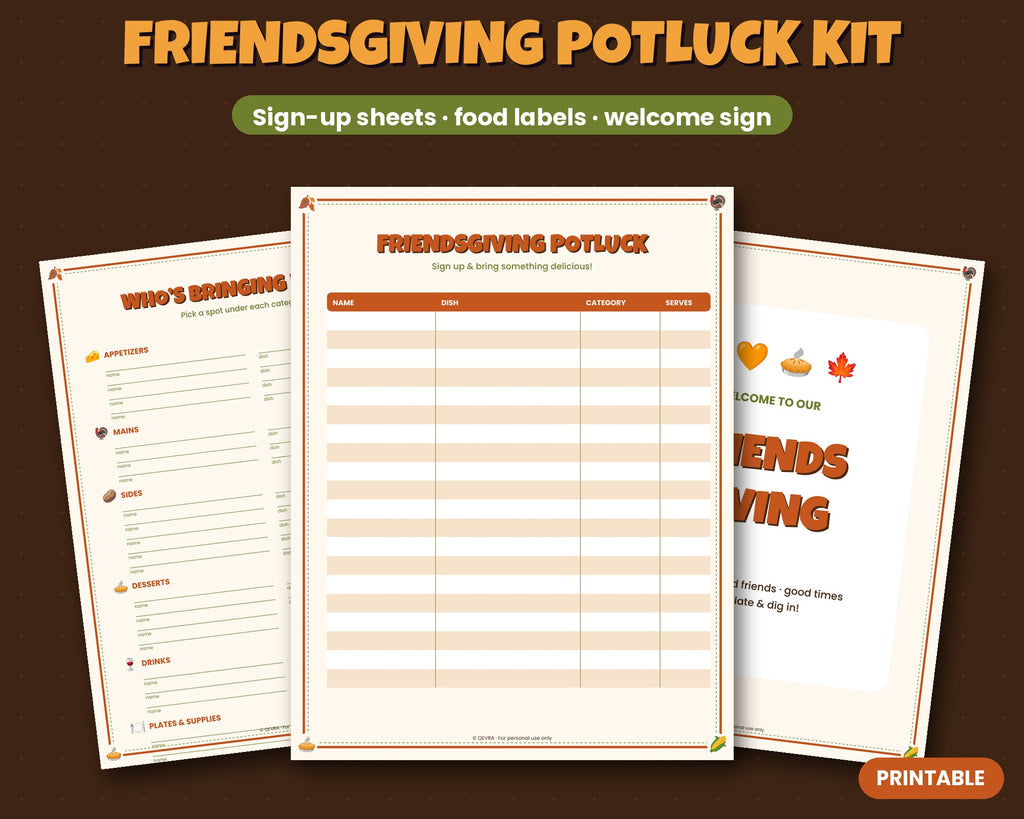 Friendsgiving Potluck Sign-Up Kit – Sign-Up Sheets, Food Labels & Welcome Sign