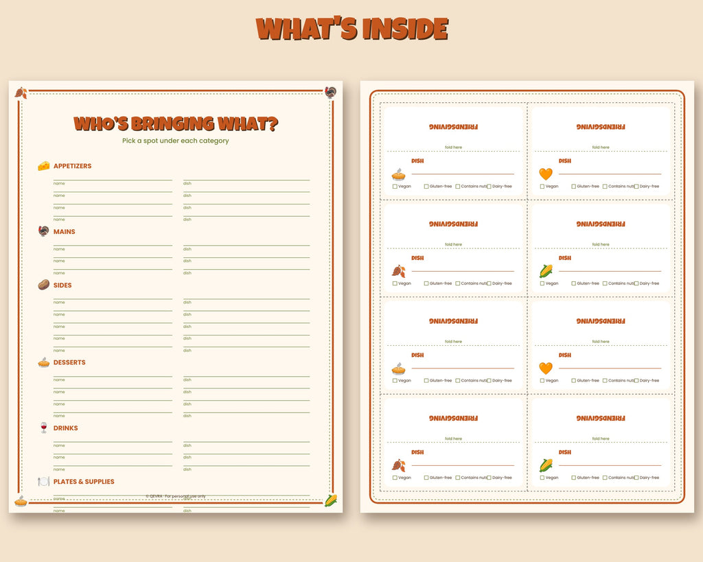 Friendsgiving Potluck Sign-Up Kit – Sign-Up Sheets, Food Labels & Welcome Sign
