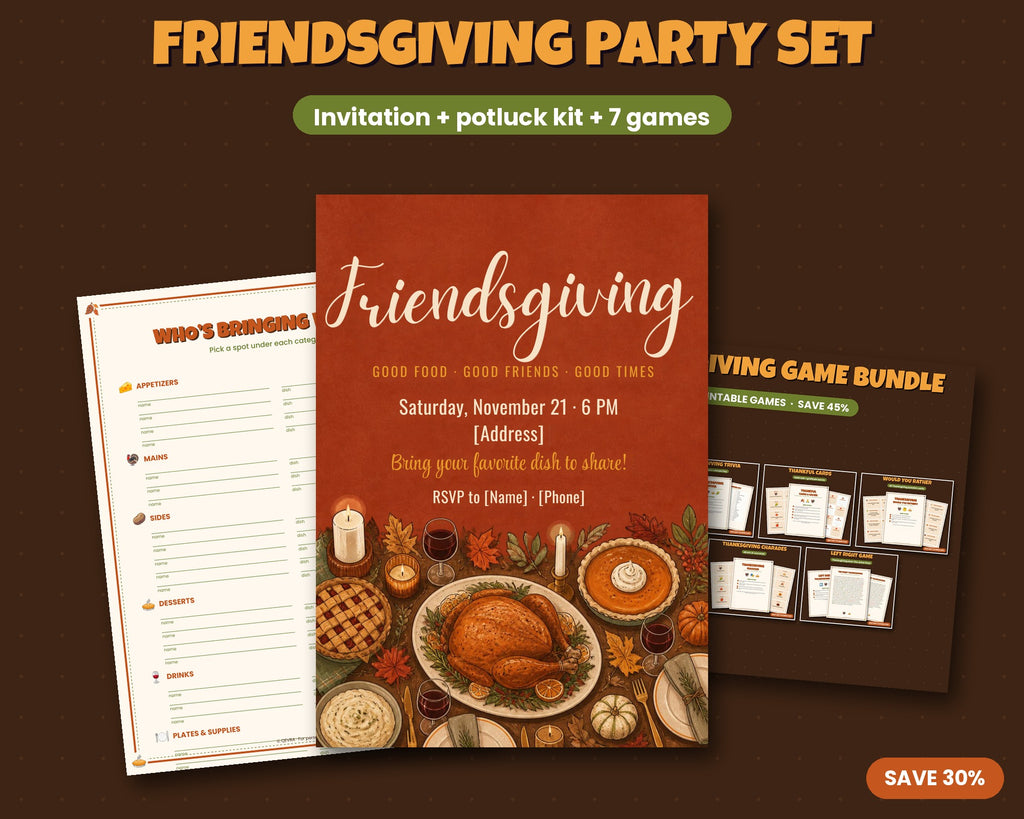 Friendsgiving Party Set – Invitation + Potluck Kit + 7 Printable Games