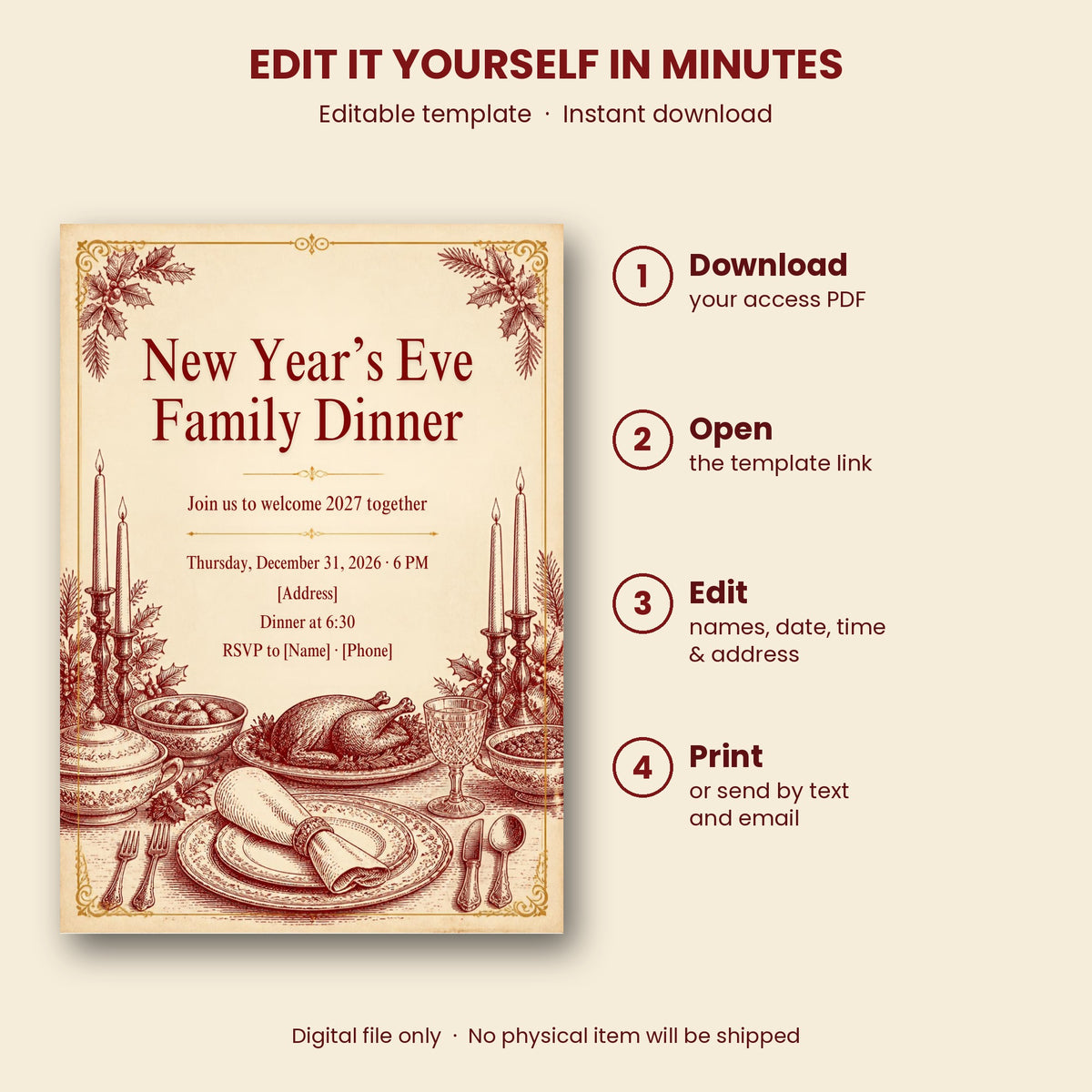 Vintage New Year's Eve Family Dinner Invitation – Editable Canva Template