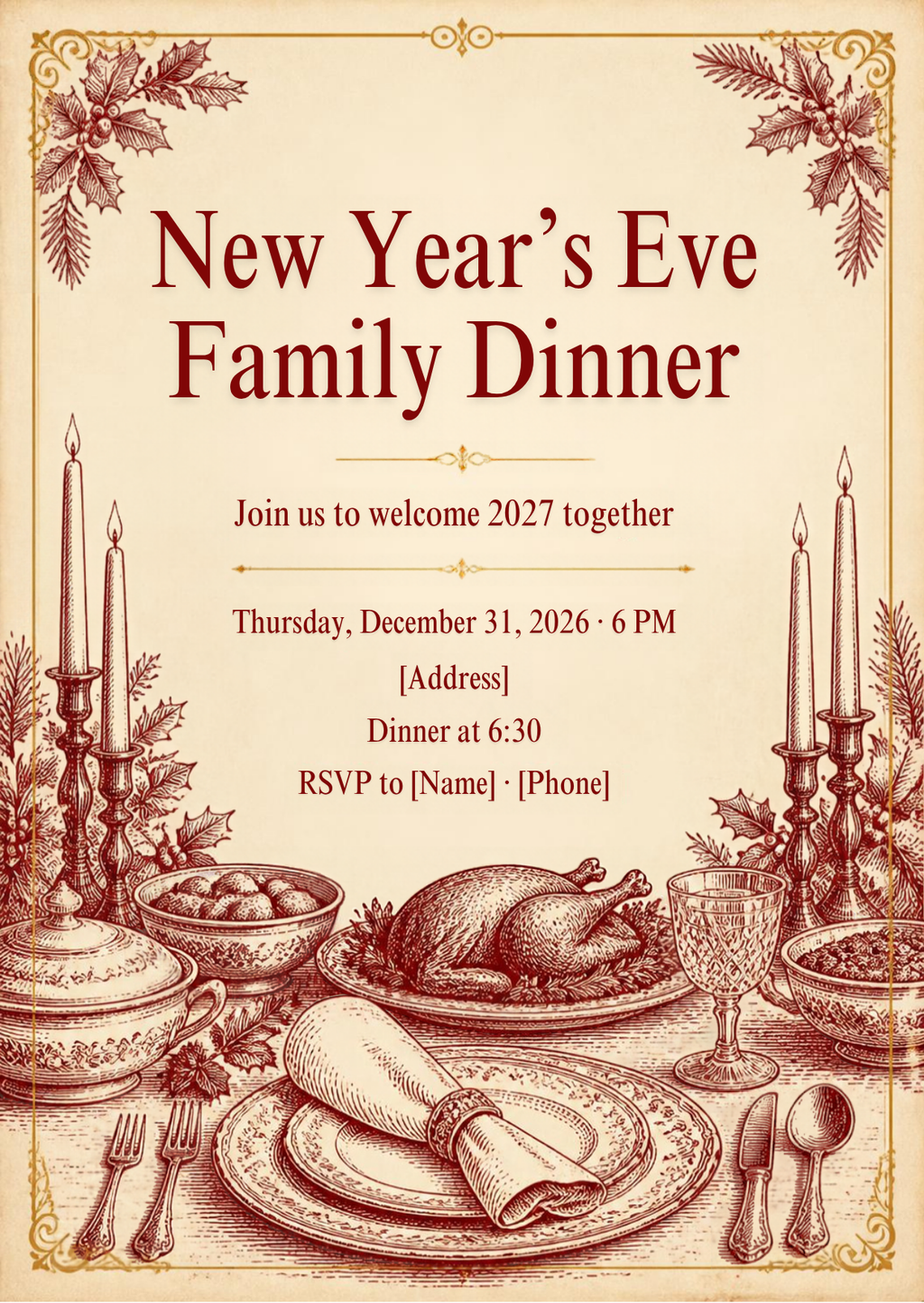 Vintage New Year's Eve Family Dinner Invitation – Editable Canva Template