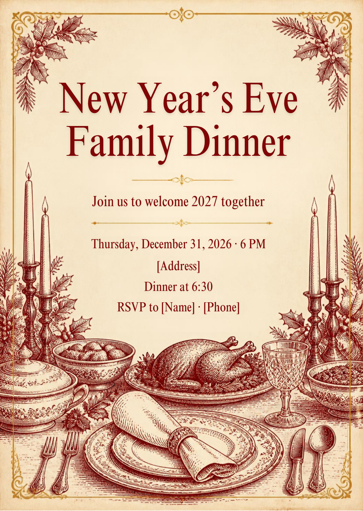 Vintage New Year's Eve Family Dinner Invitation – Editable Canva Template