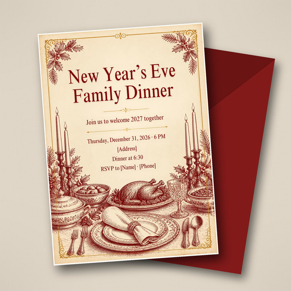 Vintage New Year's Eve Family Dinner Invitation – Editable Canva Template