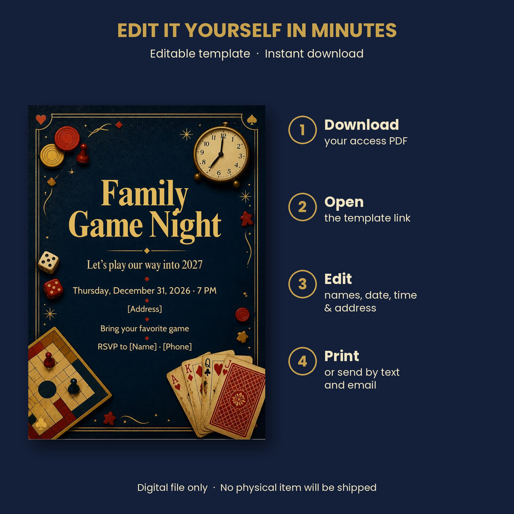 Family Game Night New Year's Eve Invitation – Editable Canva Template