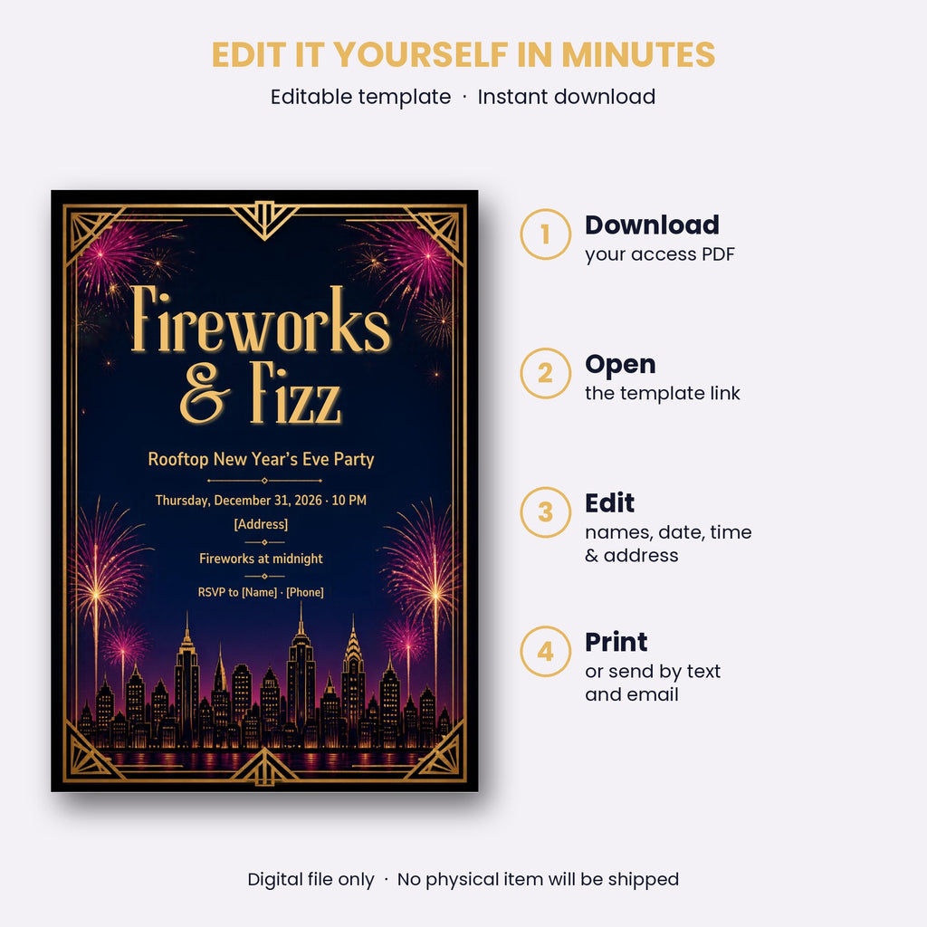 Fireworks & Fizz Rooftop New Year's Eve Party Invitation – Editable Canva Template