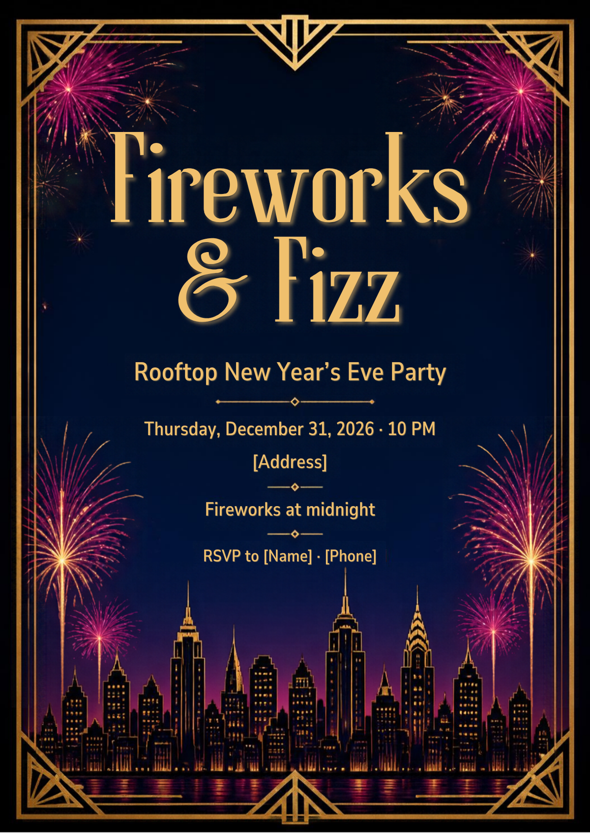 Fireworks & Fizz Rooftop New Year's Eve Party Invitation – Editable Canva Template