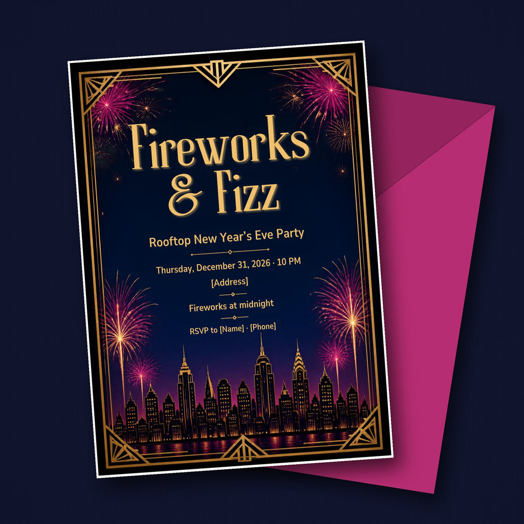 Fireworks & Fizz Rooftop New Year's Eve Party Invitation – Editable Canva Template