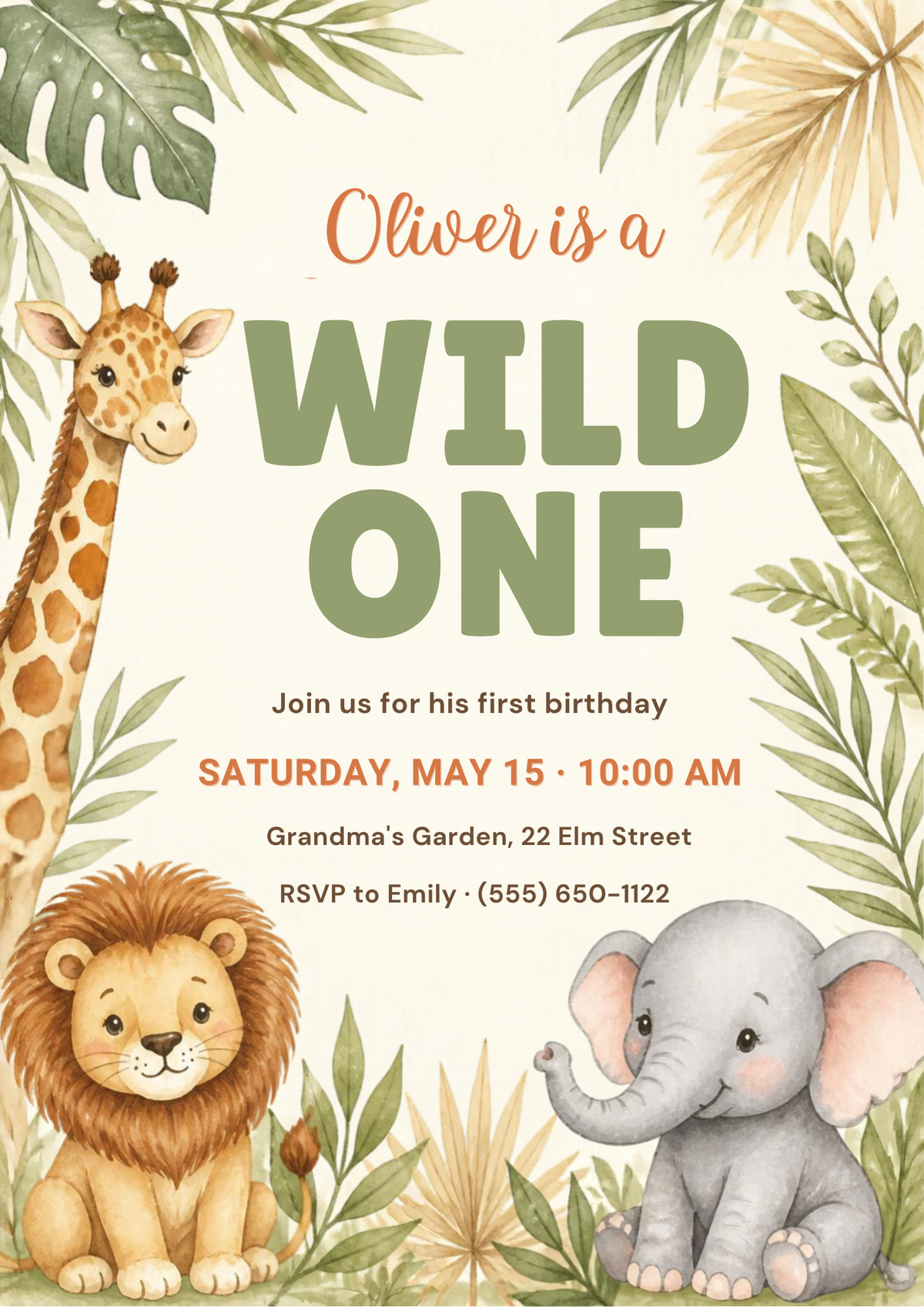 Editable Wild One 1st birthday invitation with watercolor giraffe, lion and elephant – 5x7 portrait