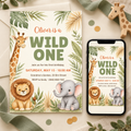 Wild One first birthday invitation mockup – editable safari animals Canva template, 5x7