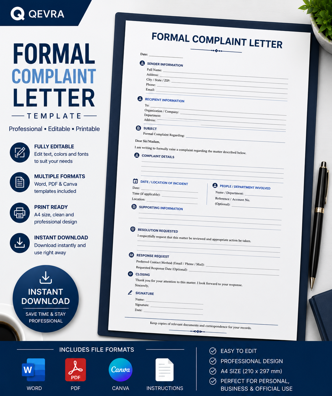 Formal Complaint Letter Template | Editable Word, PDF & Canva