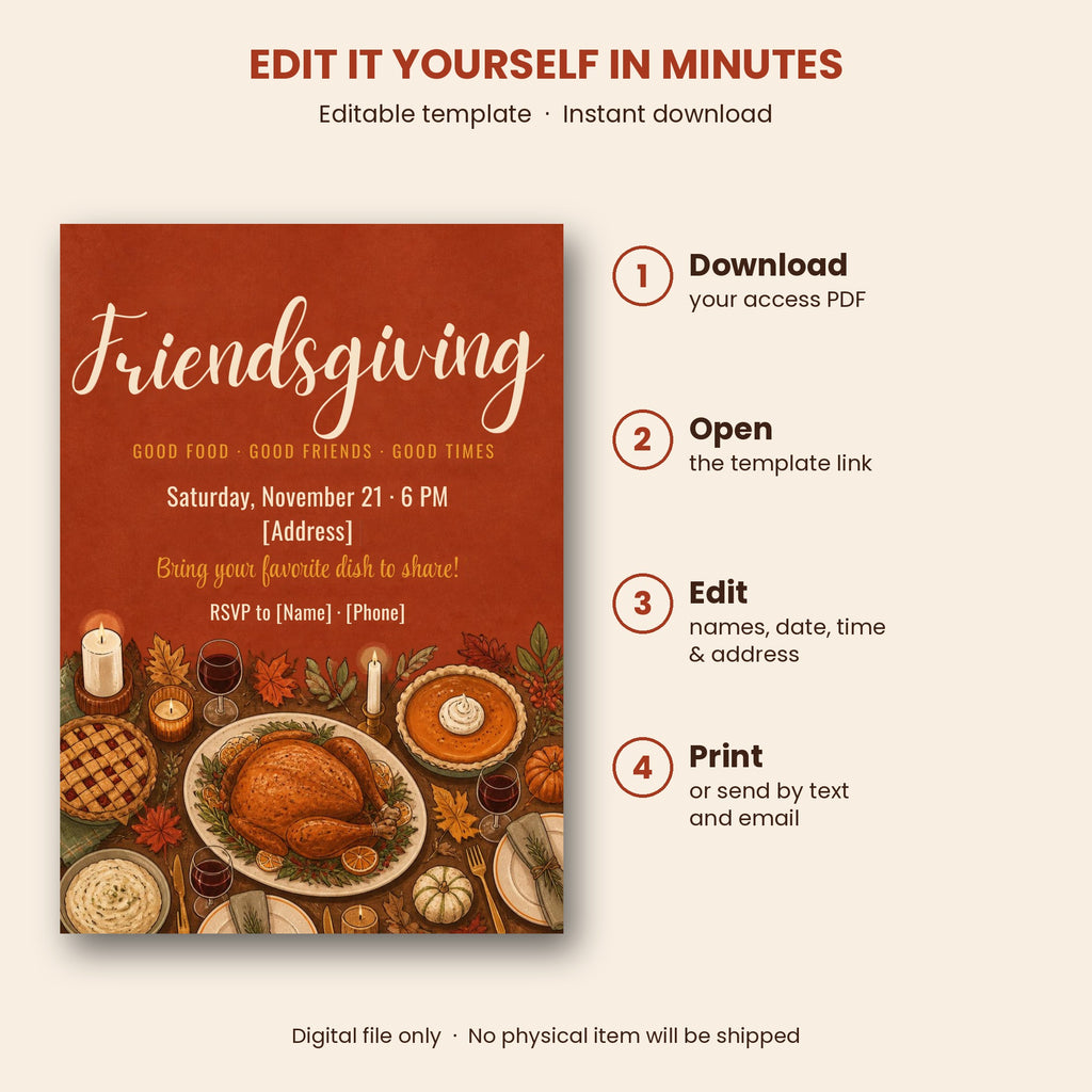 Friendsgiving potluck invitation – editable Canva template with turkey feast, pies and candlelight, 5x7 – preview 3
