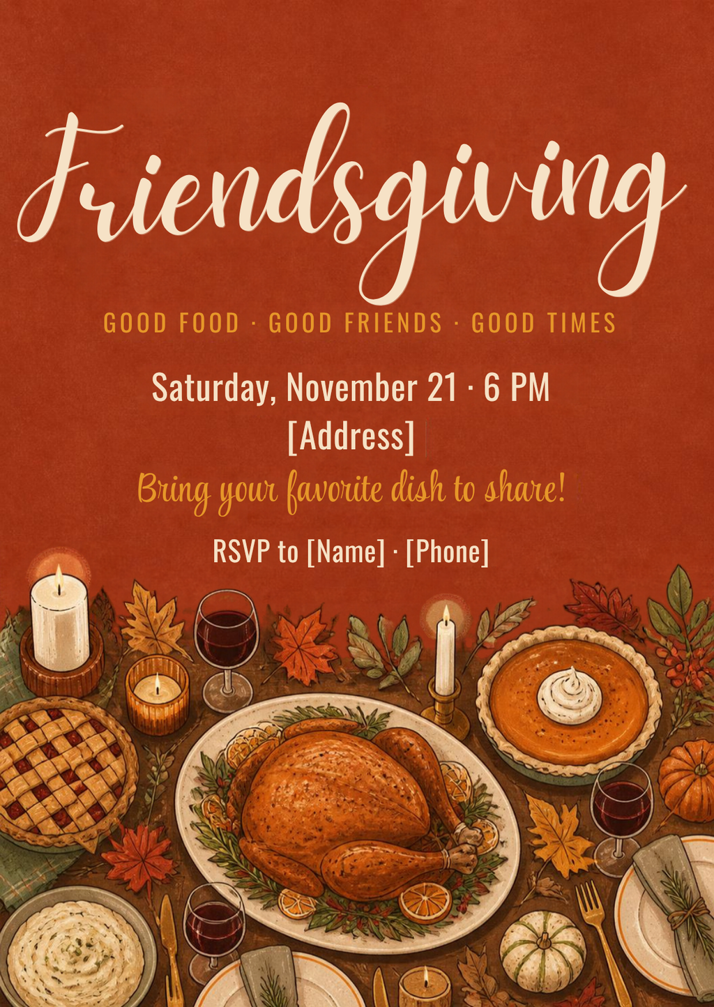 Friendsgiving potluck invitation – editable Canva template with turkey feast, pies and candlelight, 5x7 – preview 2