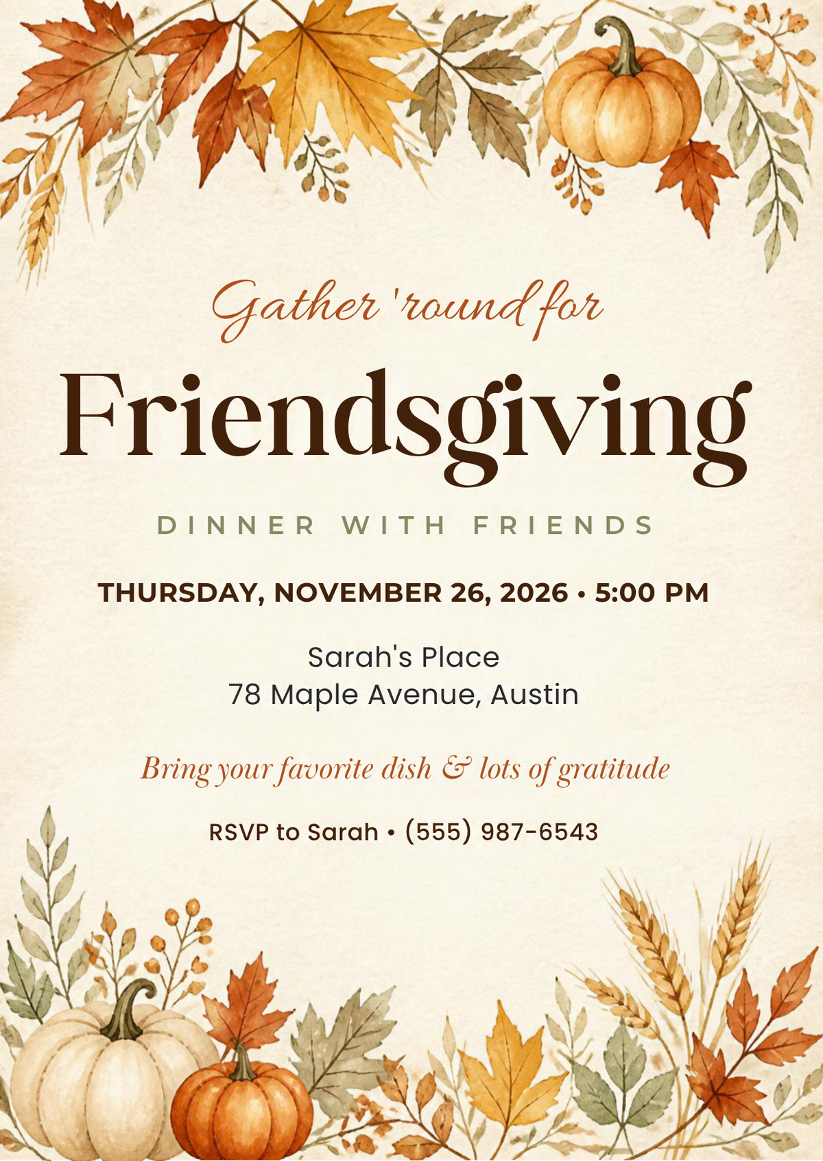 Editable Canva Friendsgiving invitation template with fall leaves, pumpkins and wheat, 5x7