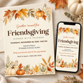 Friendsgiving dinner invitation with watercolor autumn leaves and pumpkins, shown as printed card and on phone