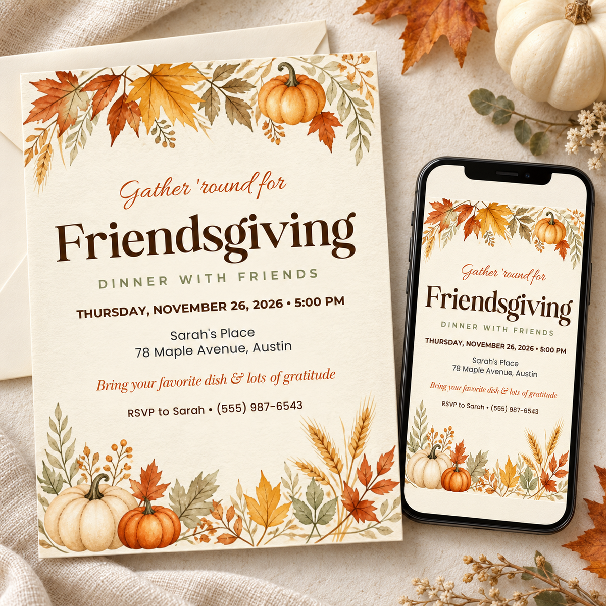 Friendsgiving dinner invitation with watercolor autumn leaves and pumpkins, shown as printed card and on phone
