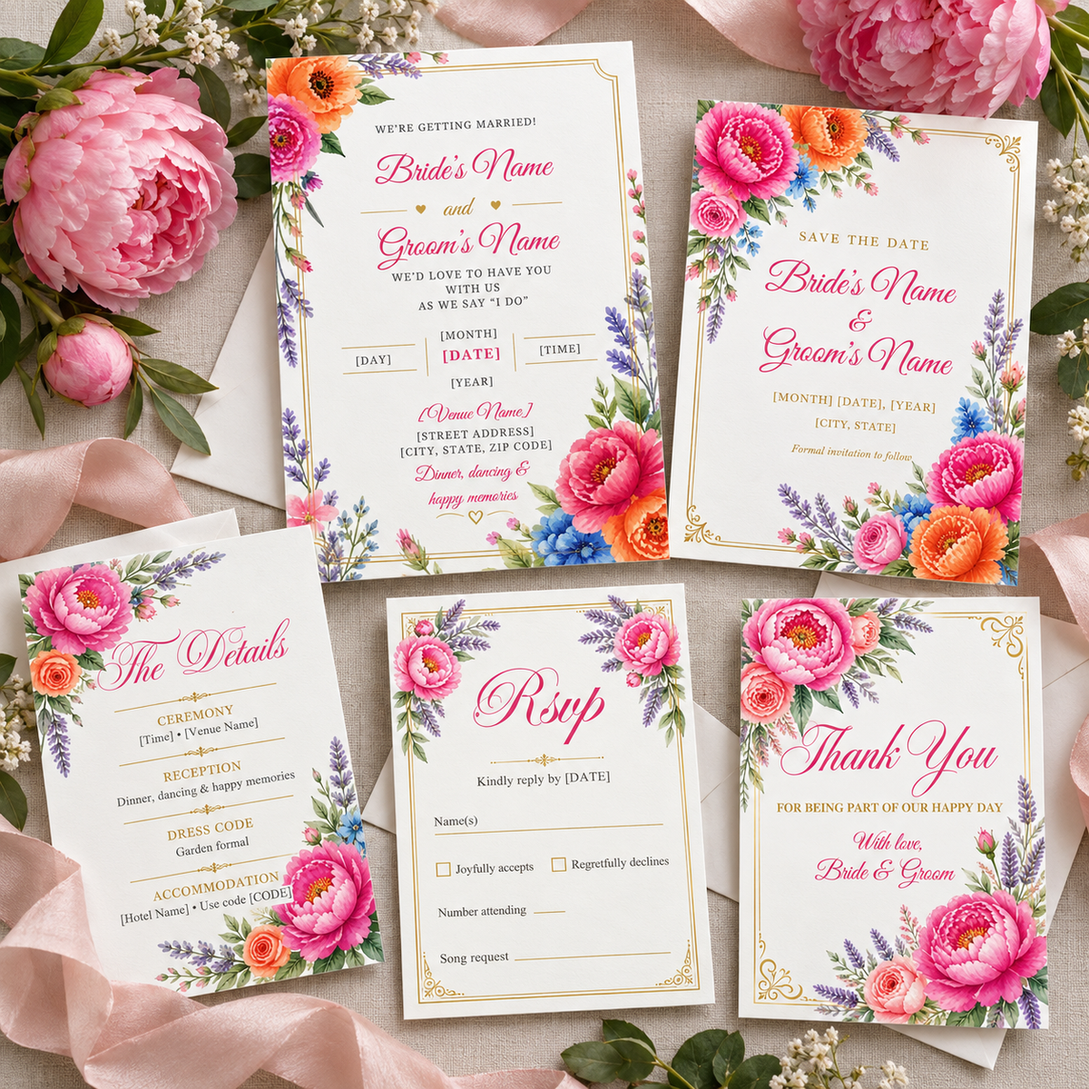 Garden Romance floral wedding invitation suite mockup – invitation, save the date, details, RSVP and thank you cards with watercolor peonies