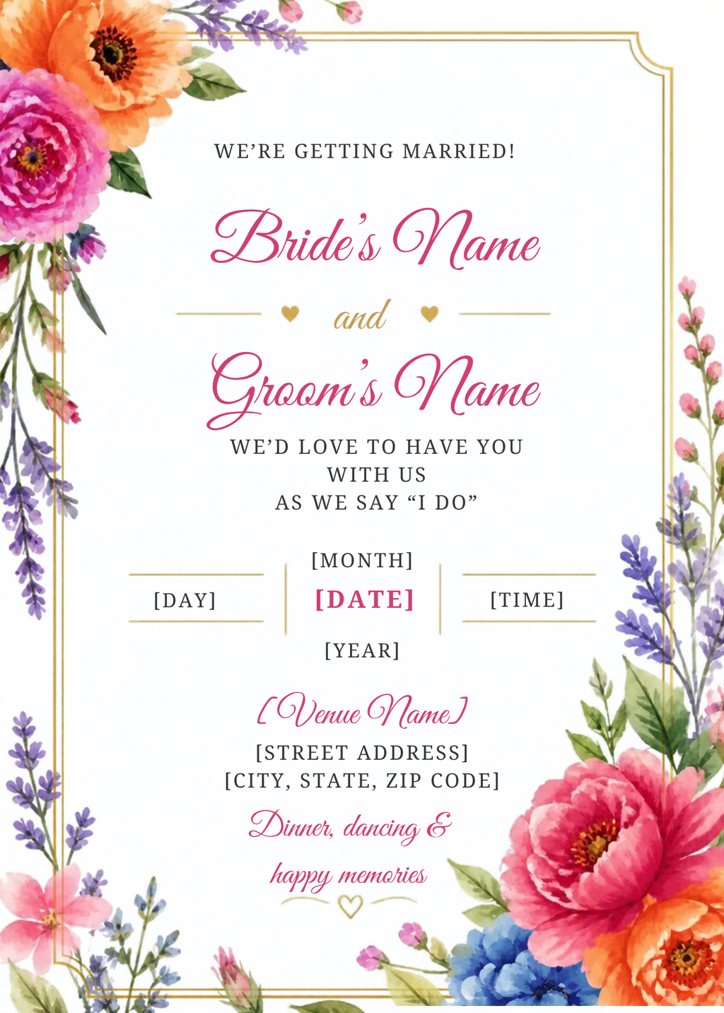 Garden Romance floral wedding invitation – editable Canva template, 5x7 on phone and print