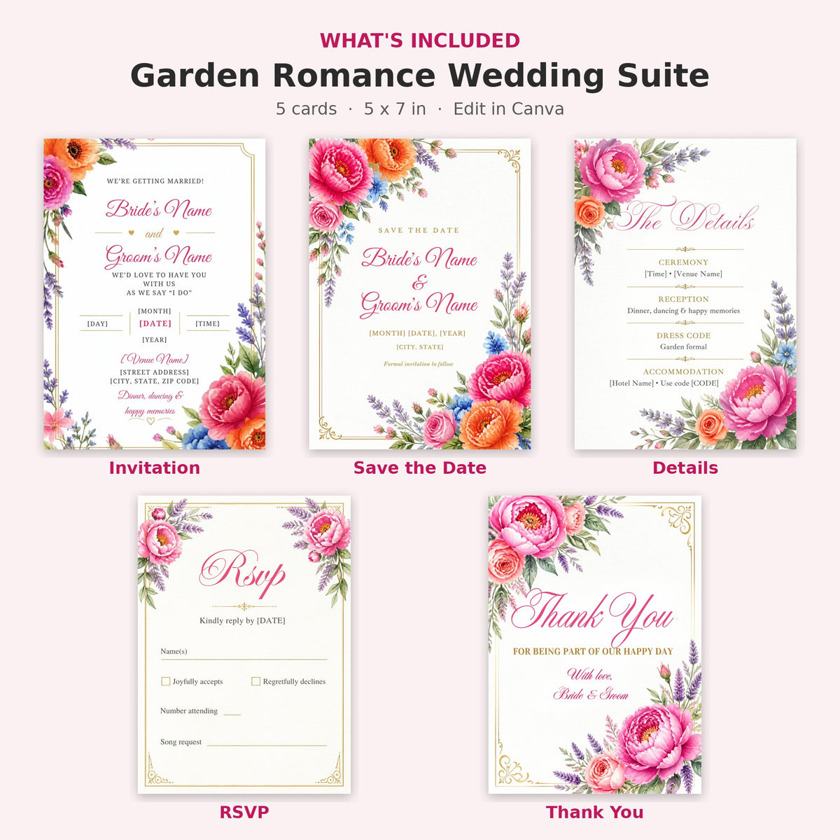 What's included in the Garden Romance wedding suite – 5 matching editable 5x7 floral cards