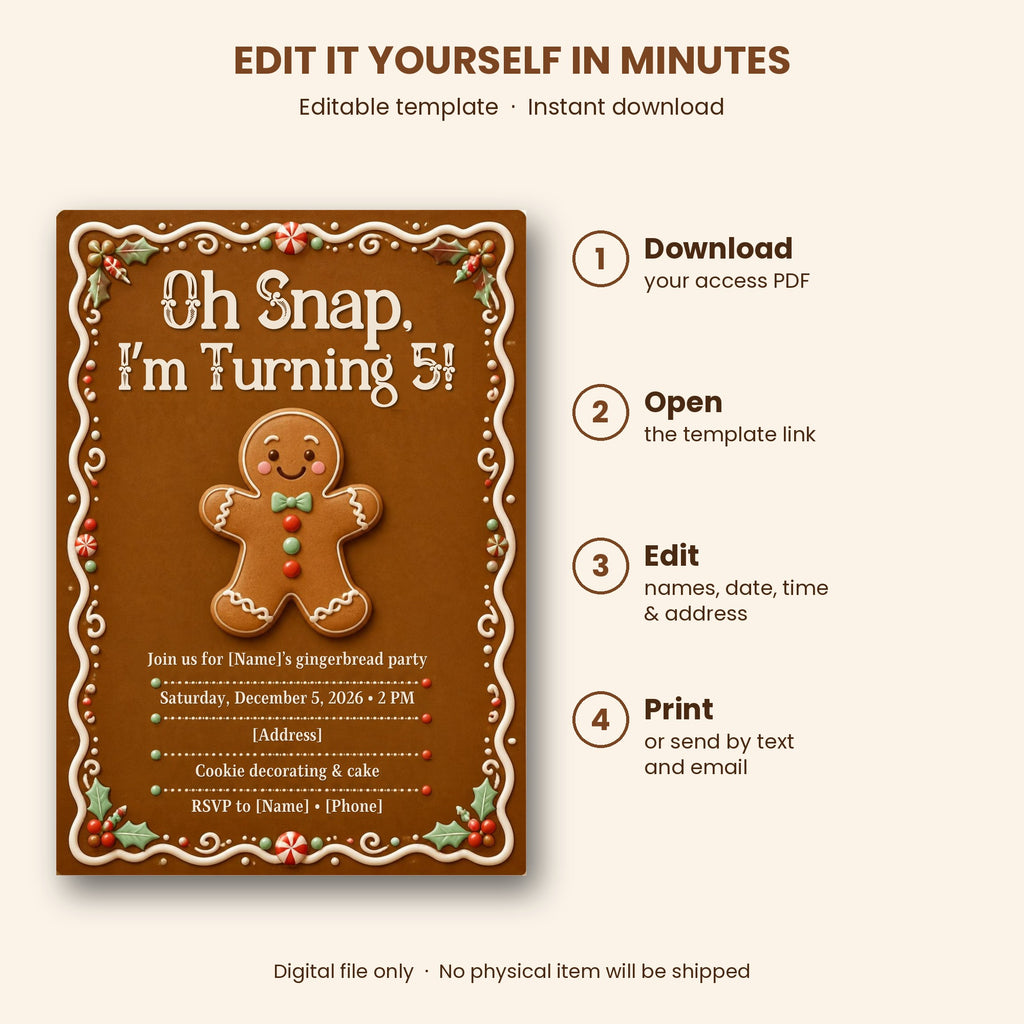 Gingerbread Birthday Party Invitation – Editable Canva Template