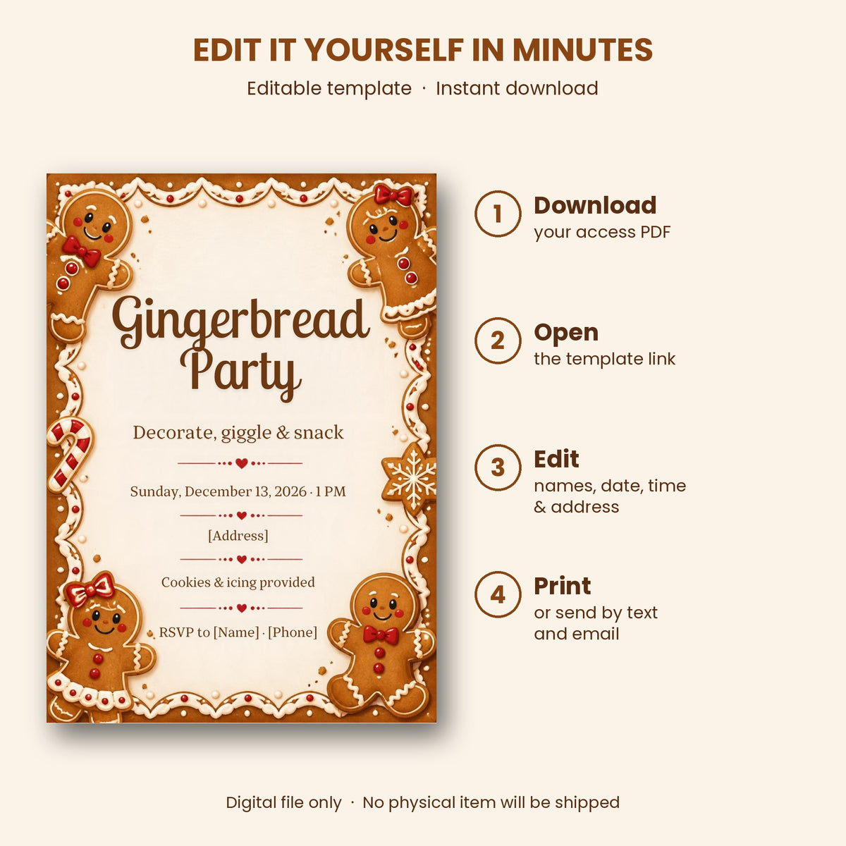 Gingerbread Kids Christmas Party Invitation – Editable Canva Template