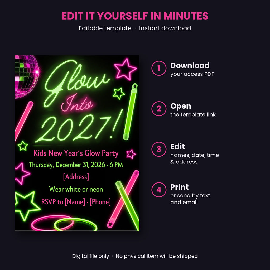 Glow Into 2027 Kids Neon Glow Party New Year's Eve Invitation – Editable Canva Template