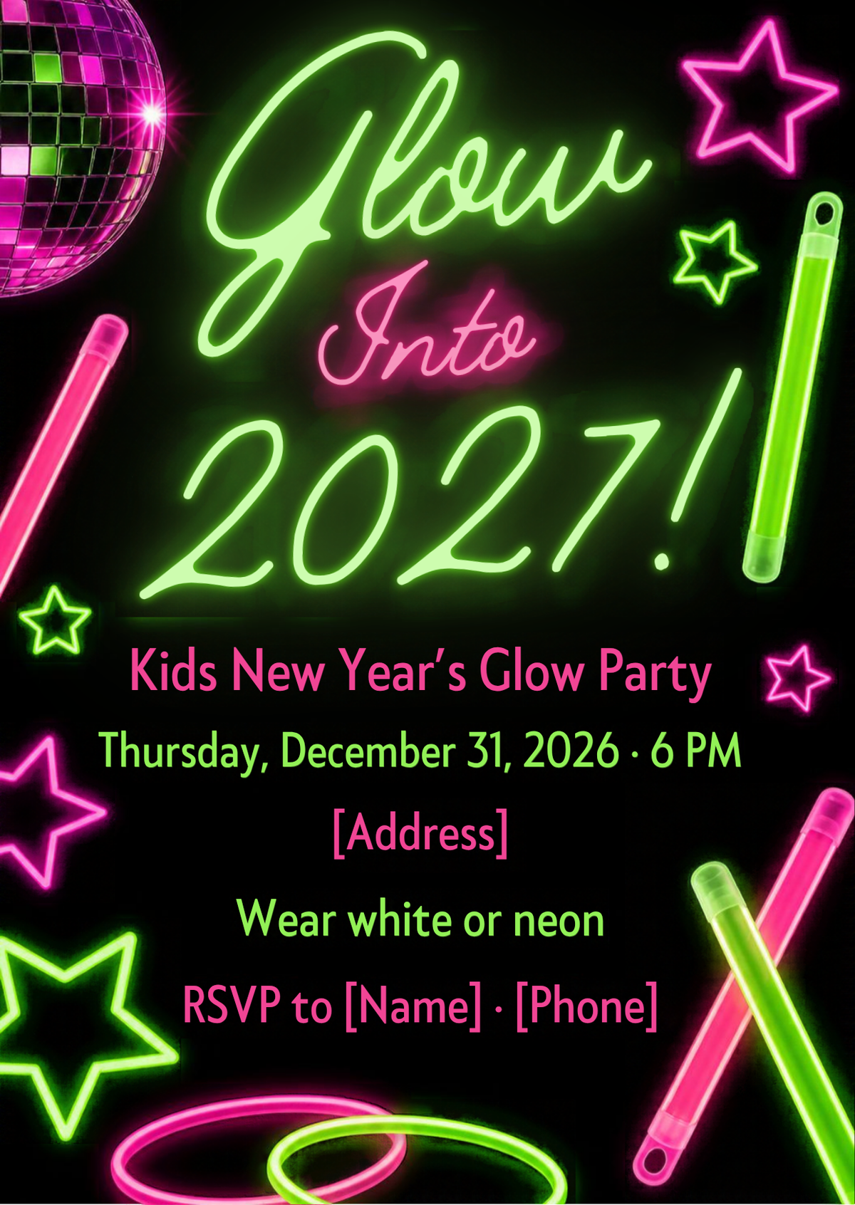 Glow Into 2027 Kids Neon Glow Party New Year's Eve Invitation – Editable Canva Template