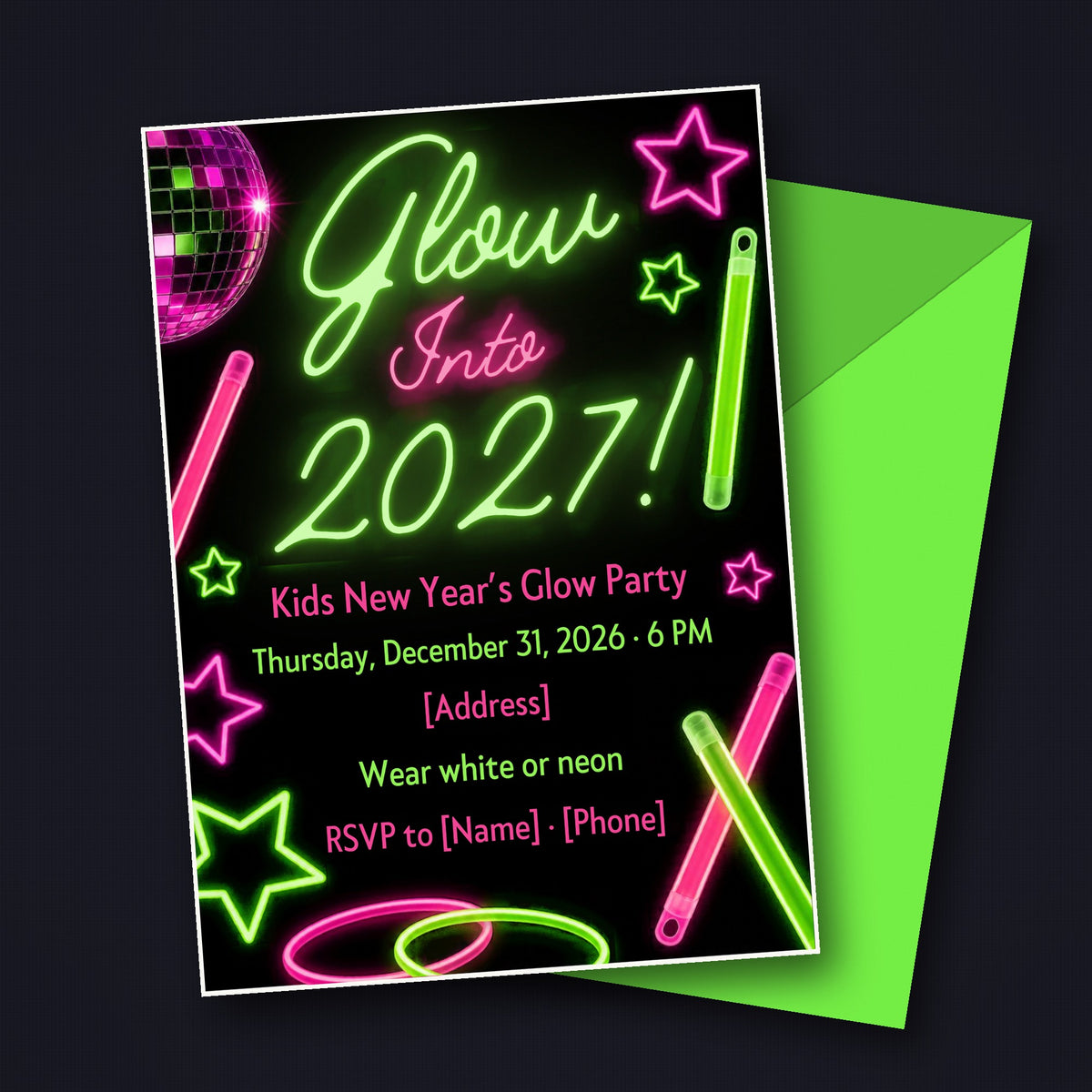 Glow Into 2027 Kids Neon Glow Party New Year's Eve Invitation – Editable Canva Template