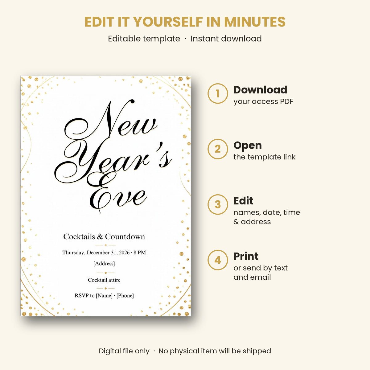 Gold Confetti Script New Year's Eve Cocktail Party Invitation – Editable Canva Template