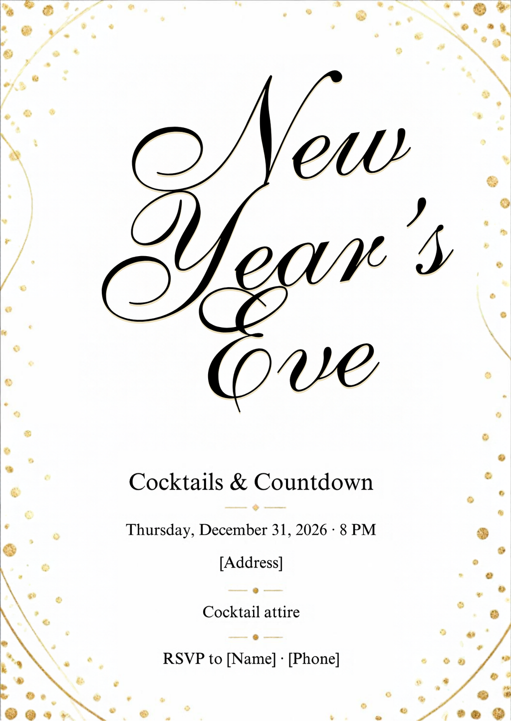 Gold Confetti Script New Year's Eve Cocktail Party Invitation – Editable Canva Template