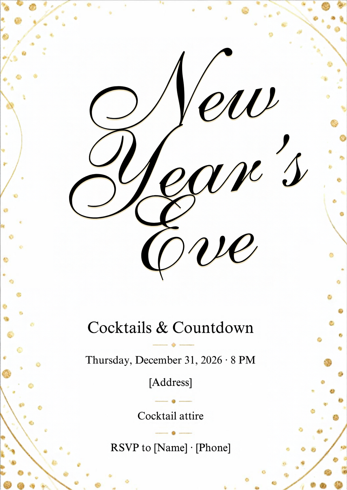 Gold Confetti Script New Year's Eve Cocktail Party Invitation – Editable Canva Template
