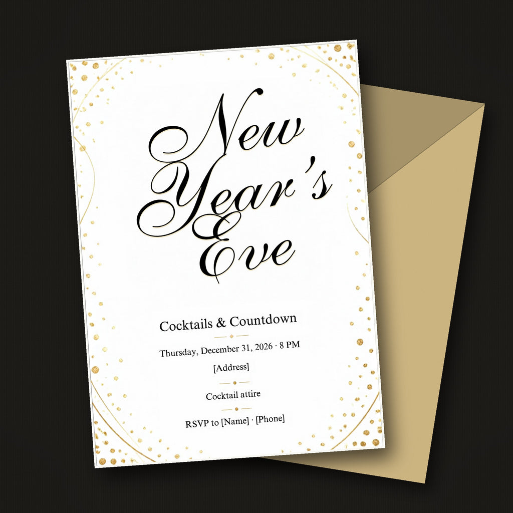 Gold Confetti Script New Year's Eve Cocktail Party Invitation – Editable Canva Template