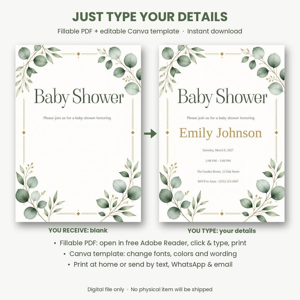 Greenery Gender Neutral Baby Shower Invitation – Fillable PDF & Editable Canva Template