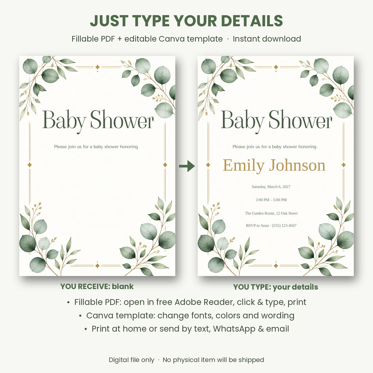 Greenery Gender Neutral Baby Shower Invitation – Fillable PDF & Editable Canva Template