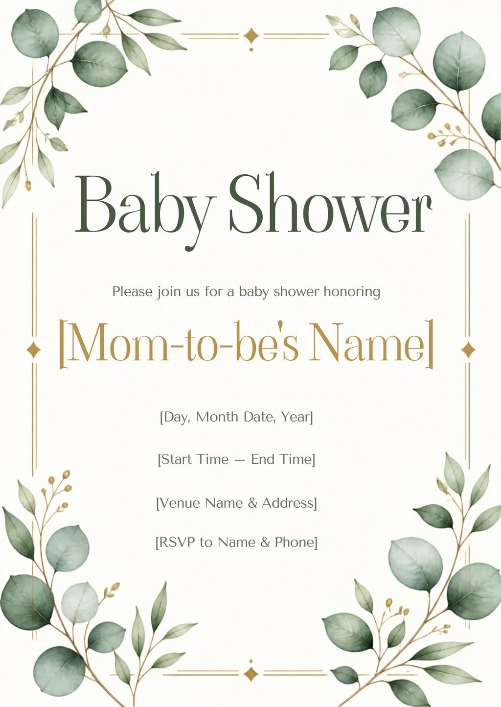 Greenery Gender Neutral Baby Shower Invitation – Fillable PDF & Editable Canva Template